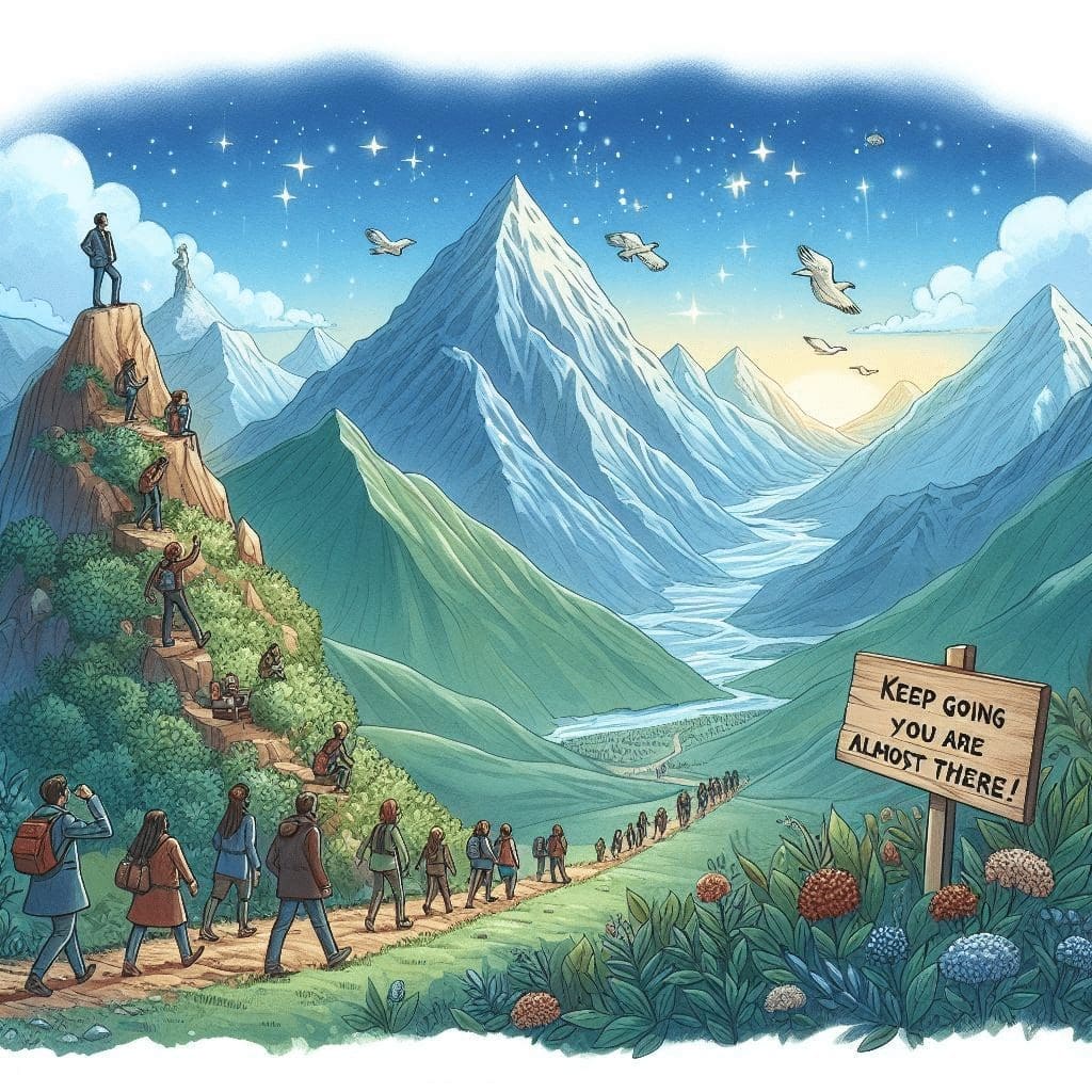 A group of people hiking from a valley to a mountain peak, with a sign that says ‘Keep going, you’re almost there!’. This image represents a company’s journey from a small startup to a global leader